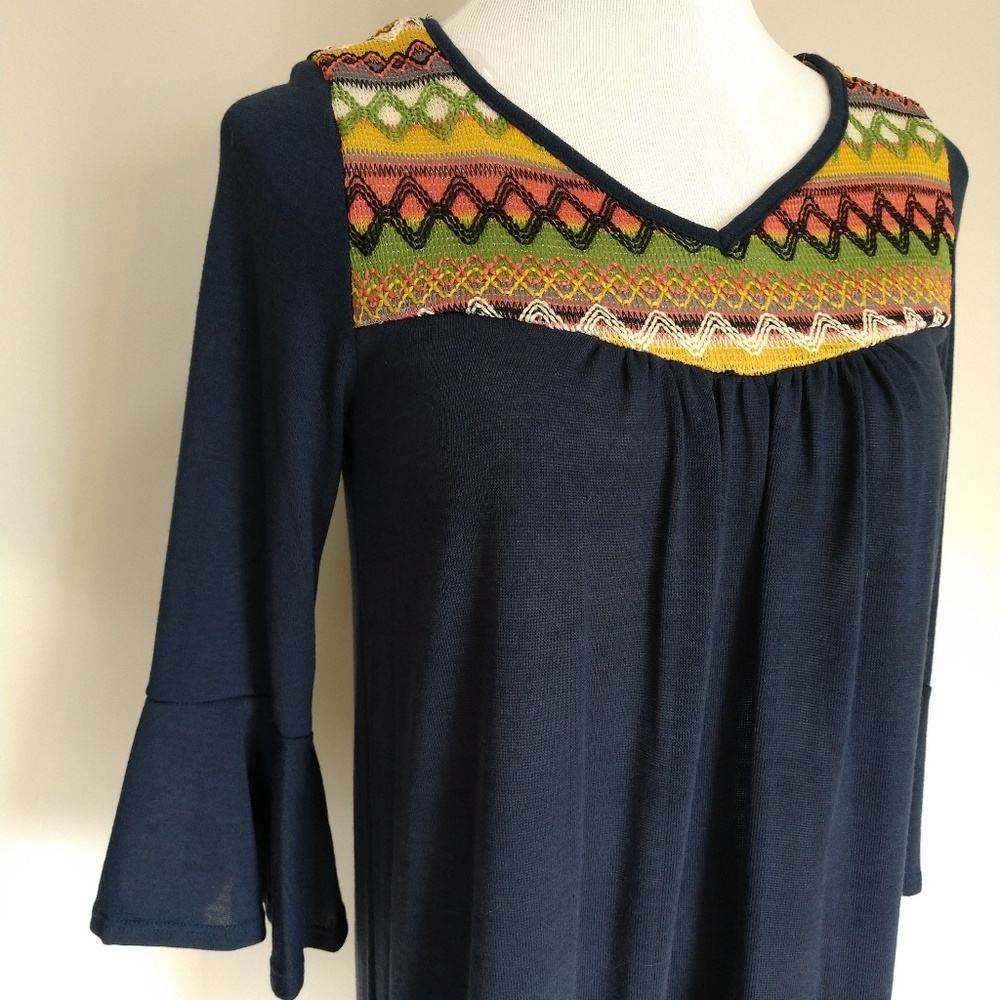 Navy Dress with Embroidery Neckline